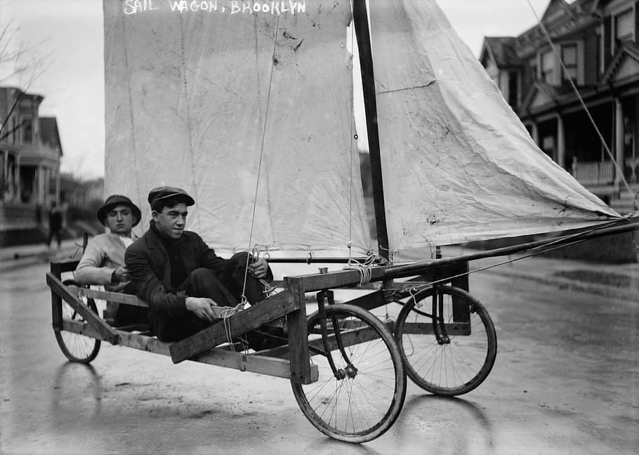 man on wooden car, soapbox, wind wagon, land sailing, sail wagon, HD wallpaper