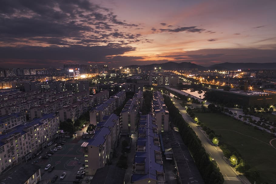 dawn, house, rode, skyview, city, building exterior, cityscape HD wallpaper