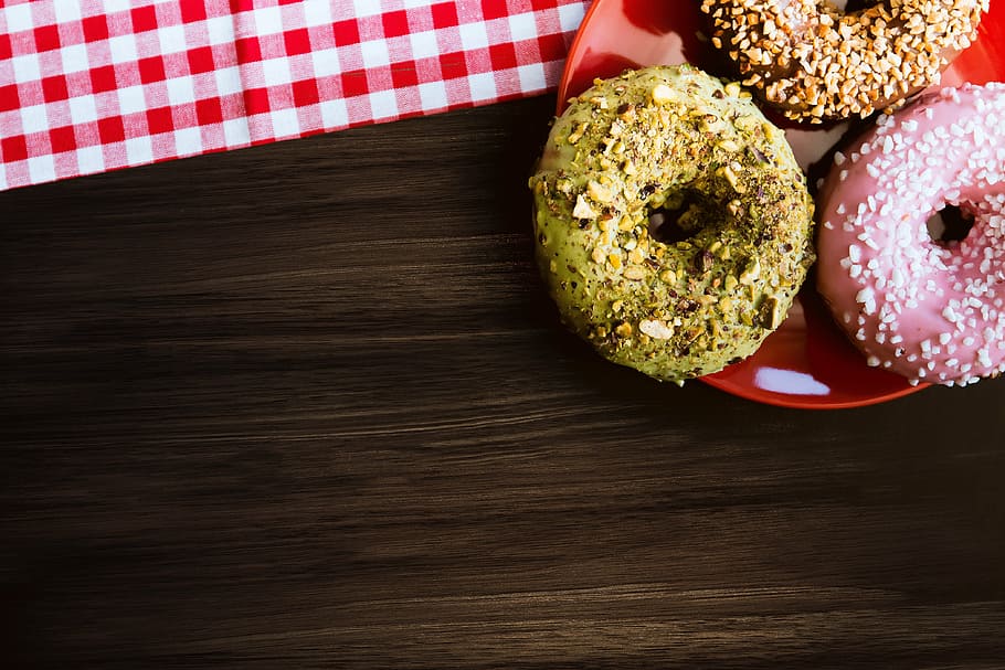 three donuts on red plate, baking, cooking, sweets, woman, girl HD wallpaper