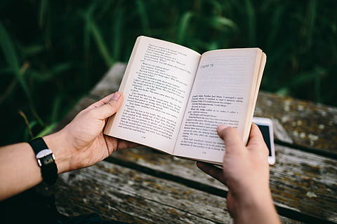 Reading book at lake, people, summer, opened notebook, time, old pier HD wallpaper