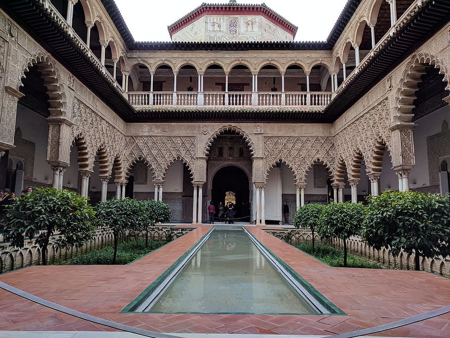 seville, spain, alcazar, islamic architecture, courtyard, built structure, HD wallpaper