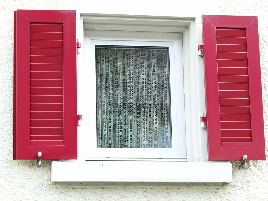 window, shutters, red, white, curtains, home, facade, building HD wallpaper