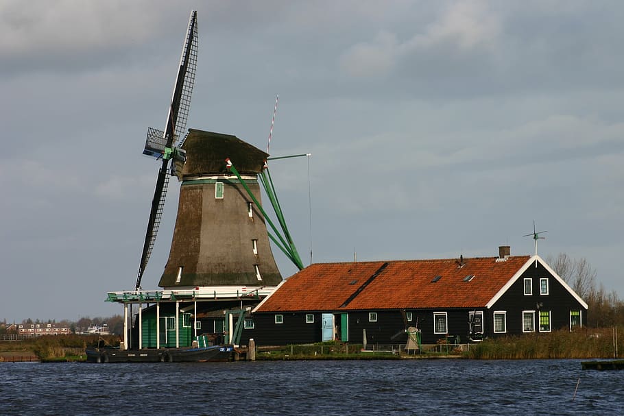 holland, mill, landscapes, windmill, winter landscape, water HD wallpaper