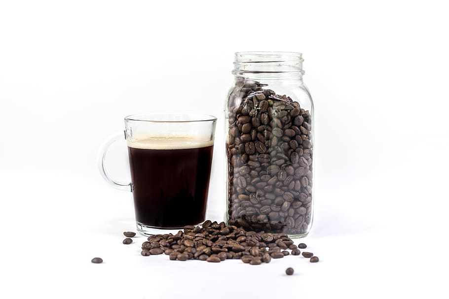 glass, black, brewed, coffee, hot, drinks, jar, container, beans HD wallpaper