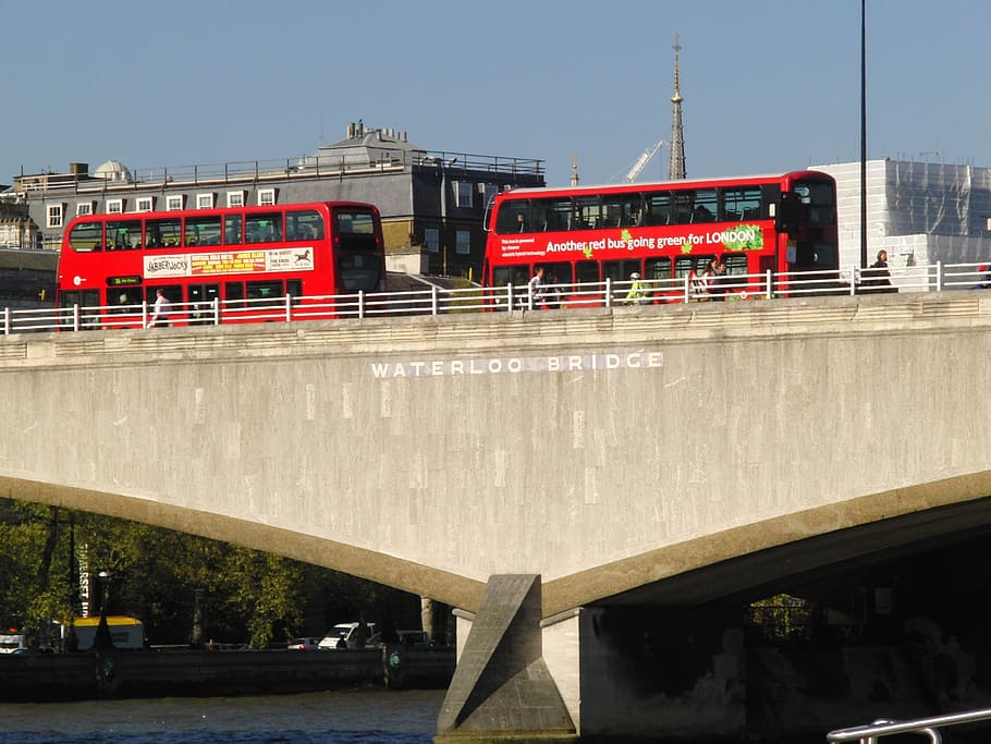 waterloo bridge, london, buses, british, red buses, tourists