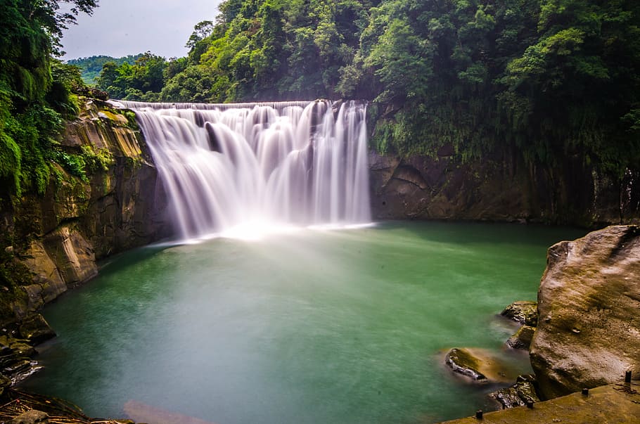 waterfalls surrounded by green trees during daytime, land, landscape HD wallpaper