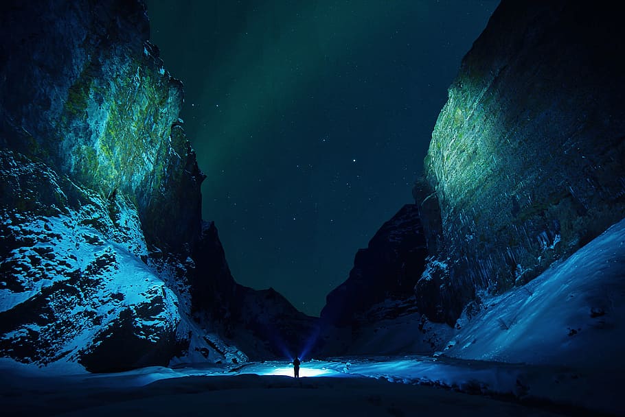 silhouette of person standing on mountain, ice, cave, rocks HD wallpaper