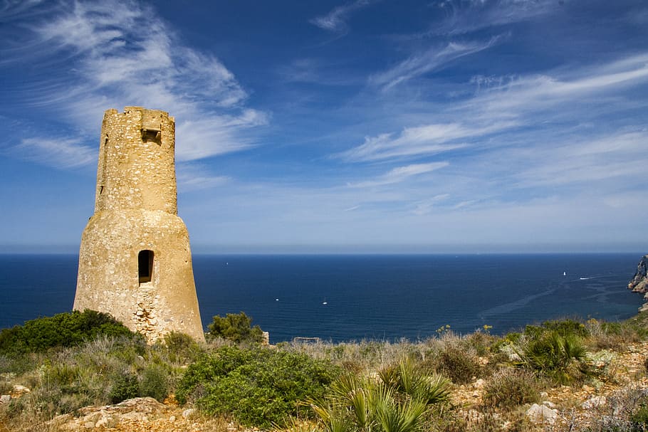 tower, sea, beach, denia, spain, fortress, the ruins of the HD wallpaper