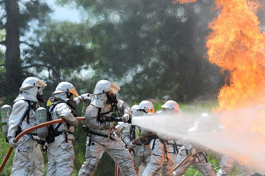 firefighters putting out flame, training, live, heat, waves HD wallpaper