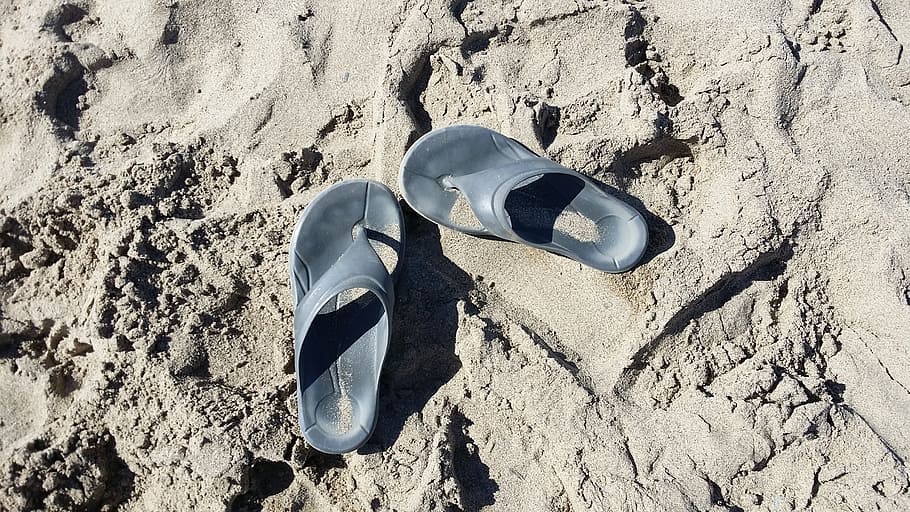 beach, sand, flip flops, heat, land, shoe, nature, high angle view HD wallpaper