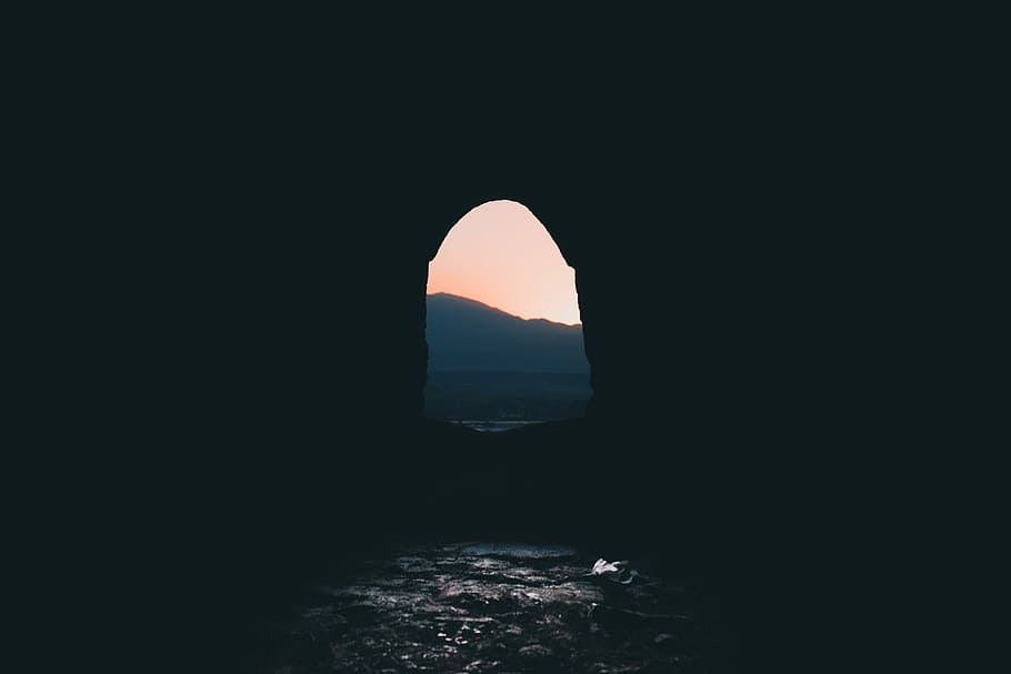 black cave exit, cave near silhouette of mountain, window, river HD wallpaper