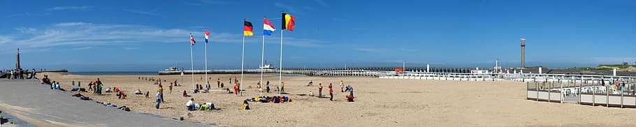 Panormanic View of the Beach in Ostend, Belgium, flags, panorama HD wallpaper
