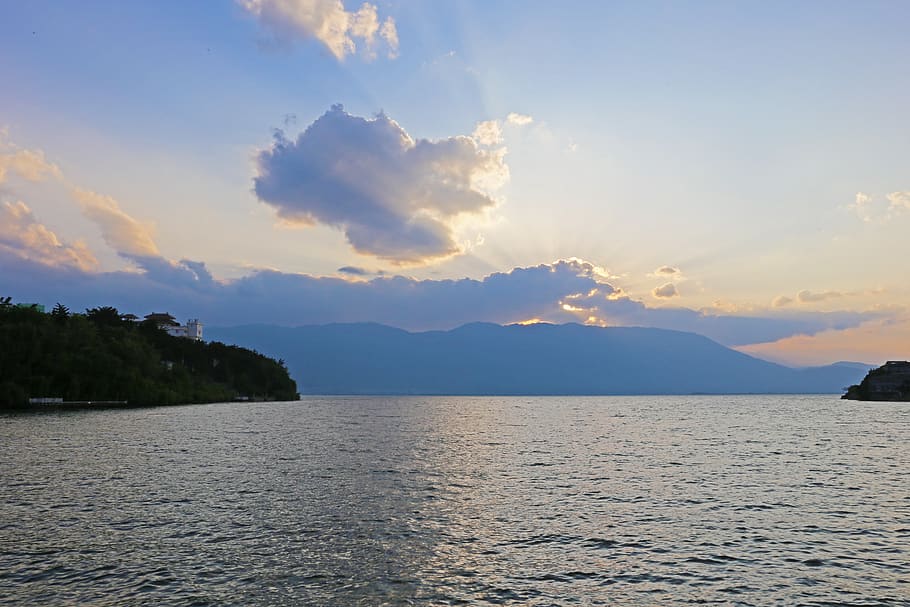 dali, erhai lake, sunset, holy light, cloud, in yunnan province, HD wallpaper