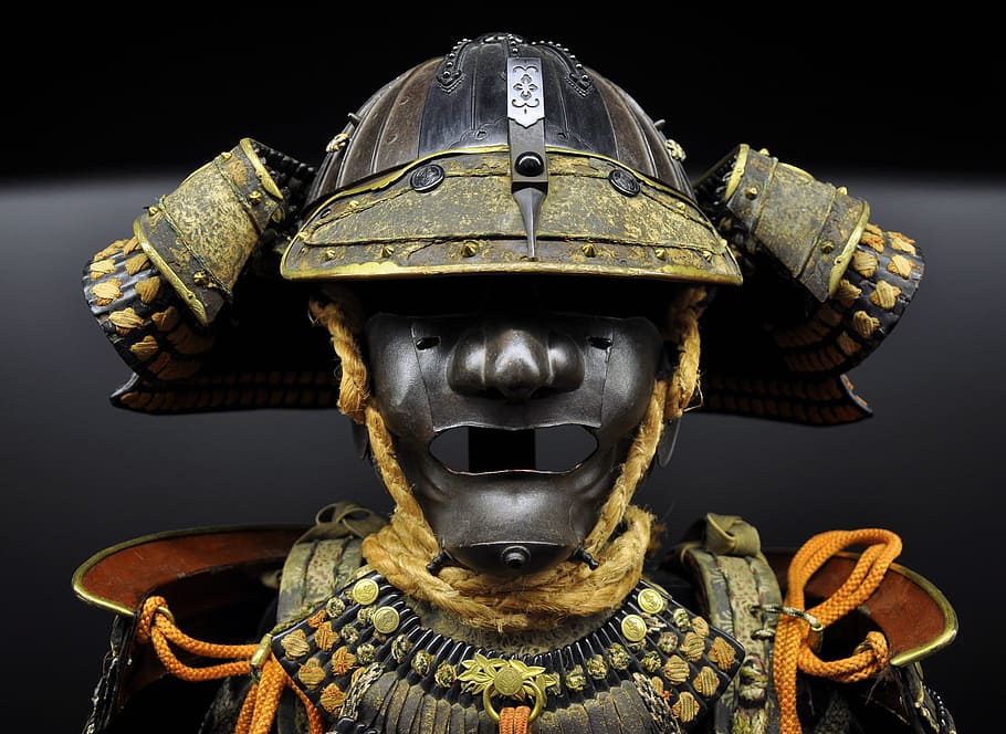 photo of black metal medieval knight sculpture, samurai, suit, HD wallpaper