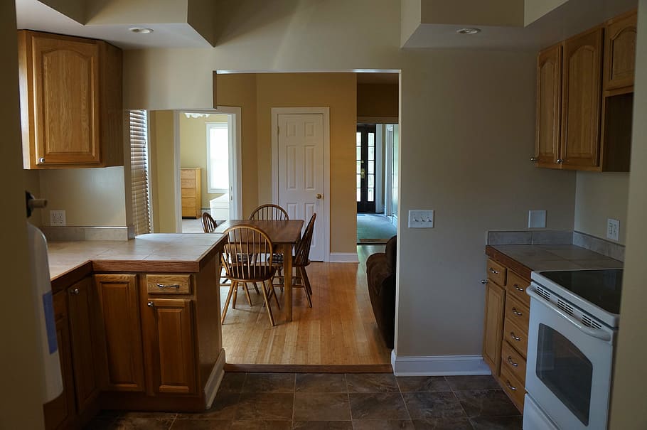 white induction range oven beside brown wooden kitchen cupboard, HD wallpaper