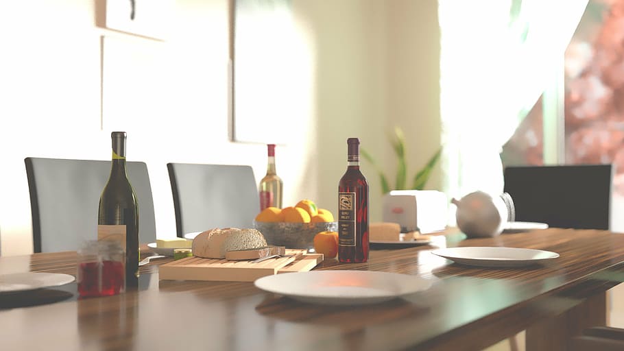 bottles and plates on dining table, breakfast, food, morning HD wallpaper