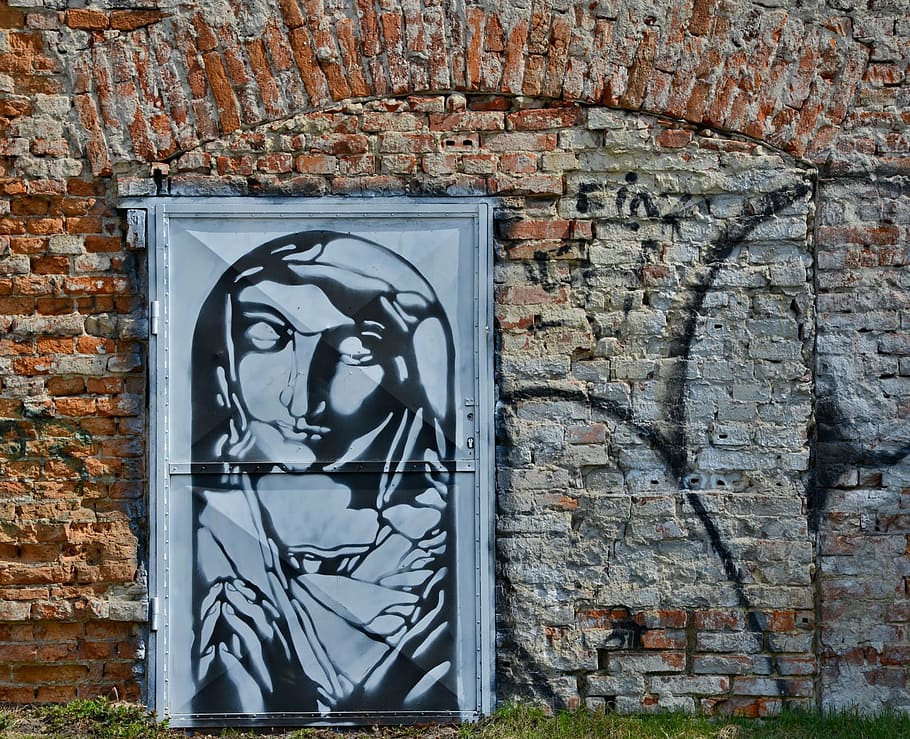 doors, graffiti, wall, brick, red, render, faith, architecture HD wallpaper