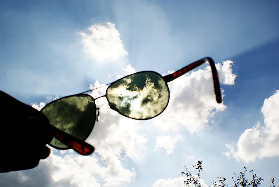 person holding sunglasses, sky, clouds, blue, nature, cloudy HD wallpaper
