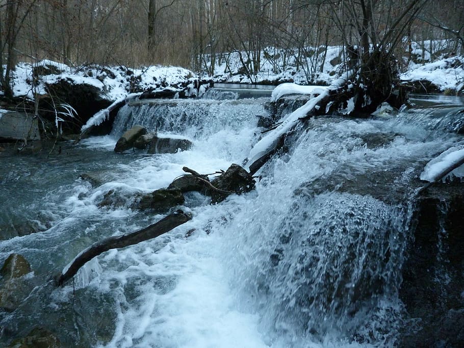 river, waterfall, nature, winter, snow, tree, motion, beauty in nature HD wallpaper