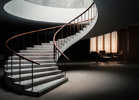 close up photo of spiral staircase, white concrete staircase inside a house HD wallpaper
