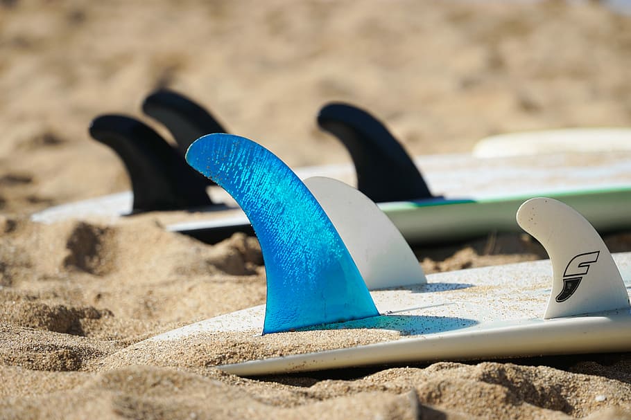 closeup photo of two white surfboards on sand, three surfboards on beach sands HD wallpaper