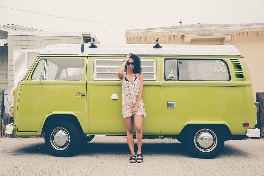 woman leaning on green van at daytime, classic, female, model, HD wallpaper