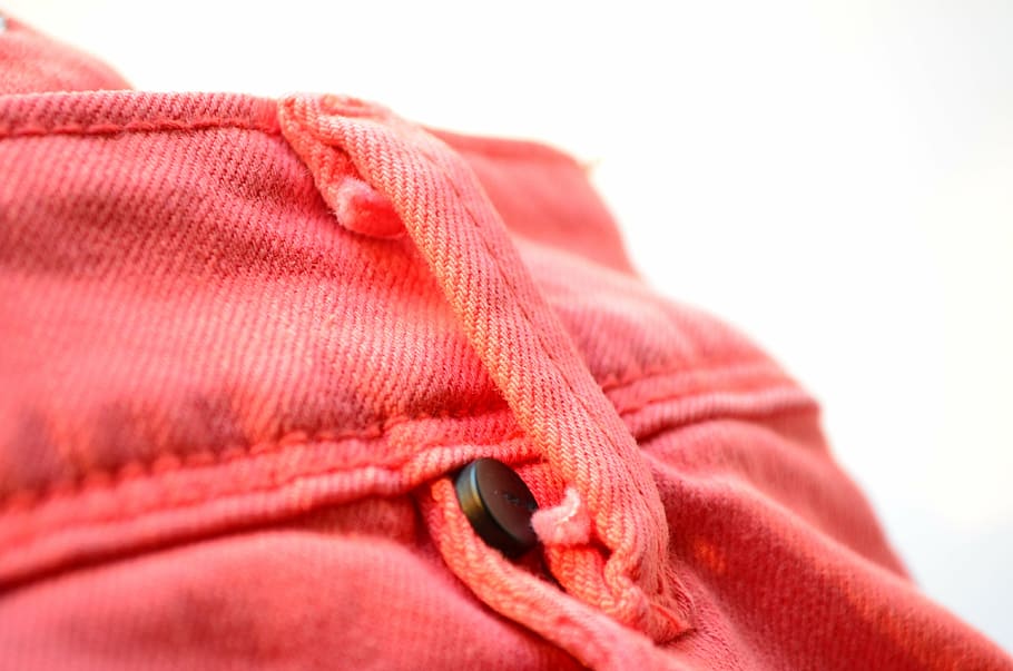 closeup photo of red denim apparel with black button, pink, jeans, HD wallpaper