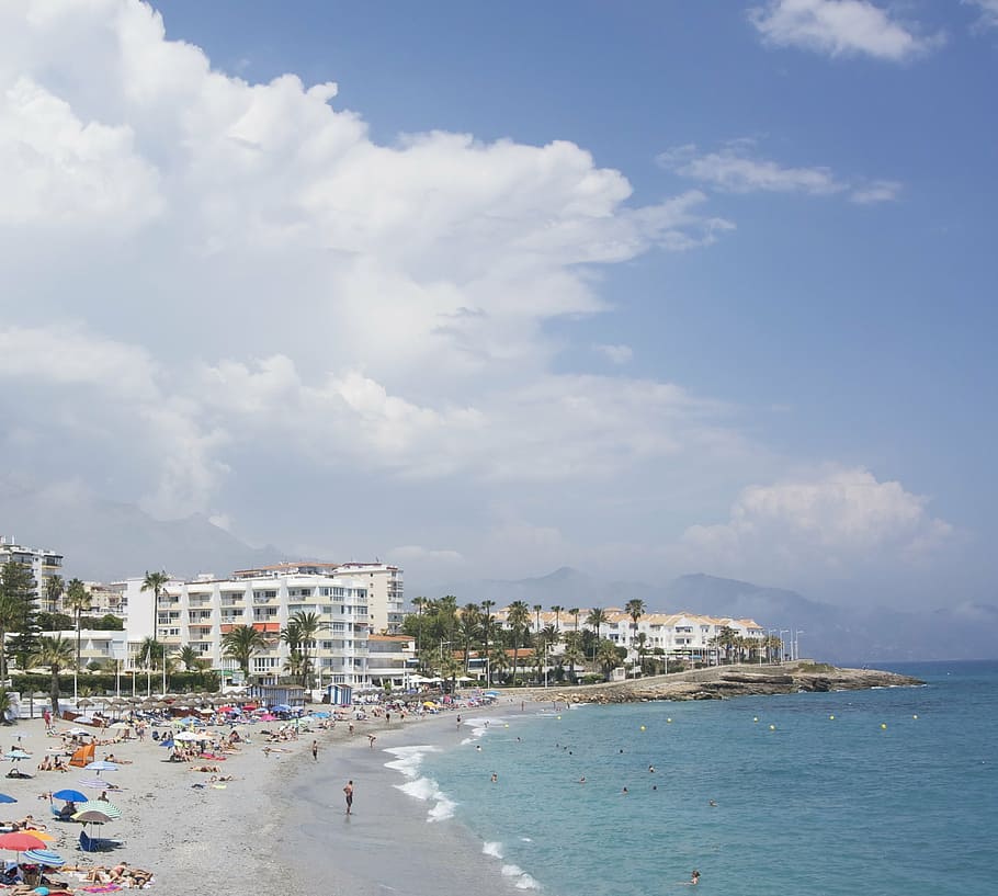 beach, nerja, clouds, sea, people, sunbathing, summer, coastline