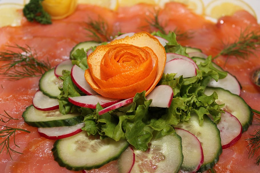 Salmon, Salad, Cold, Buffet, cold buffet, food and drink, freshness HD wallpaper