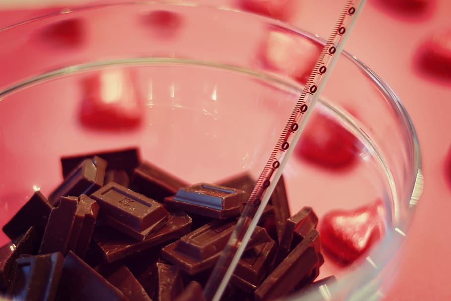 bars of chocolates inside clear glass bowl with thermometer, close-up HD wallpaper