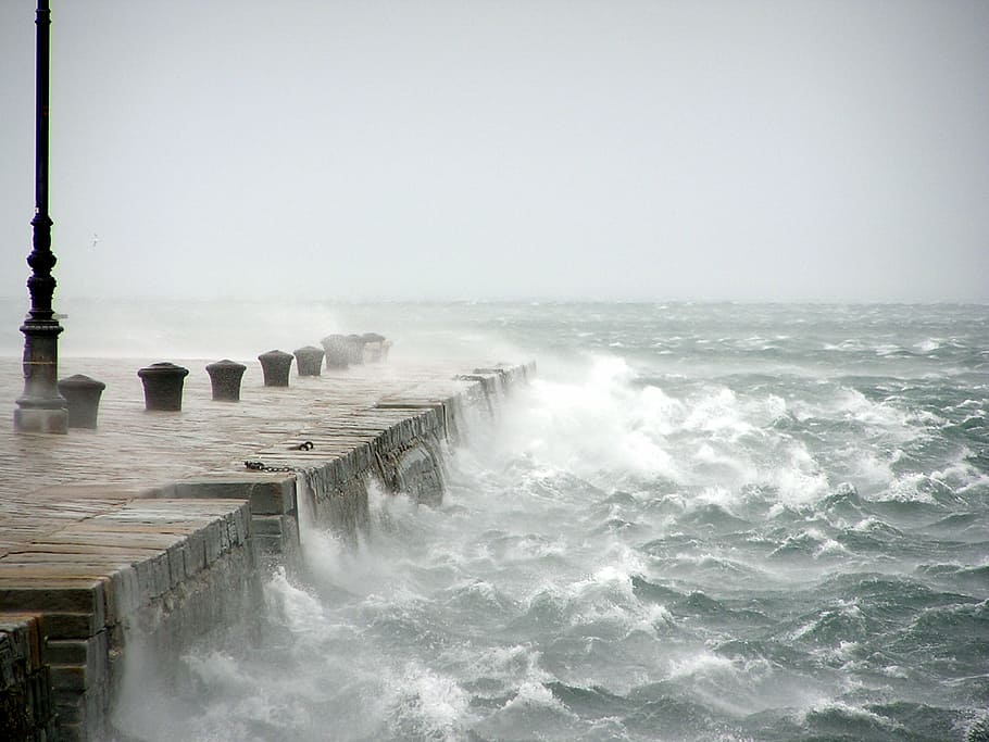 brown concrete bridge and ocean, bora, wind, stormy sea, wave HD wallpaper