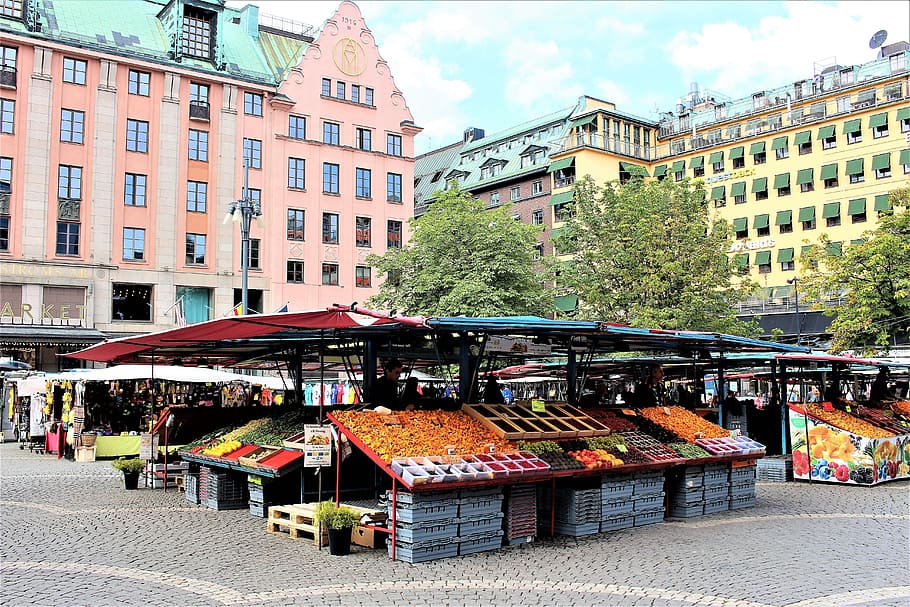 fruit market near buildings, stockholm, farmers' markets, hötorget, HD wallpaper