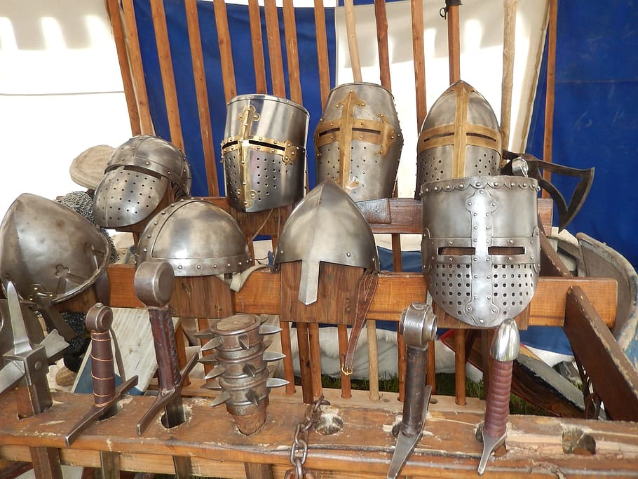 Helmets, Middle Ages, Chivalry, former, history, metal, indoors HD wallpaper