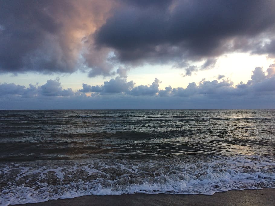 Sunset, Beach, Clouds, Sea, landscape, dusk, blue, take a walk HD wallpaper