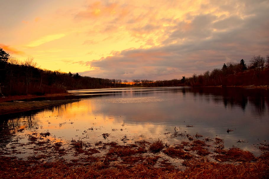 lake, sunset, clouds, light, yellow, leaves, autumn, water HD wallpaper