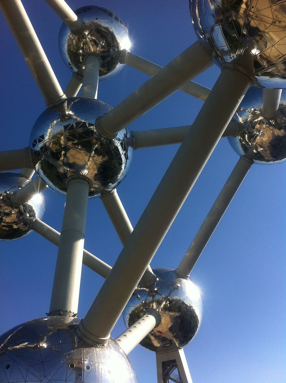 brussels, atomium, detail, low angle view, sky, no people, metal HD wallpaper