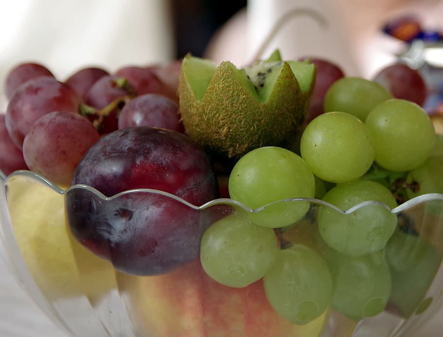 fruit, grapes, kiwi, plum, bowl, green, lean, fresh, healthy HD wallpaper