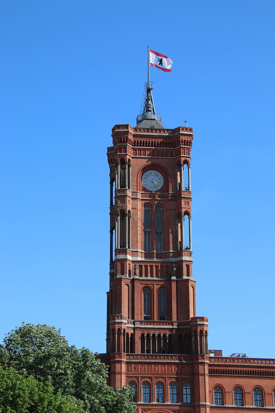 berlin, red, town hall, tower, clock, flag, red town hall, home HD wallpaper
