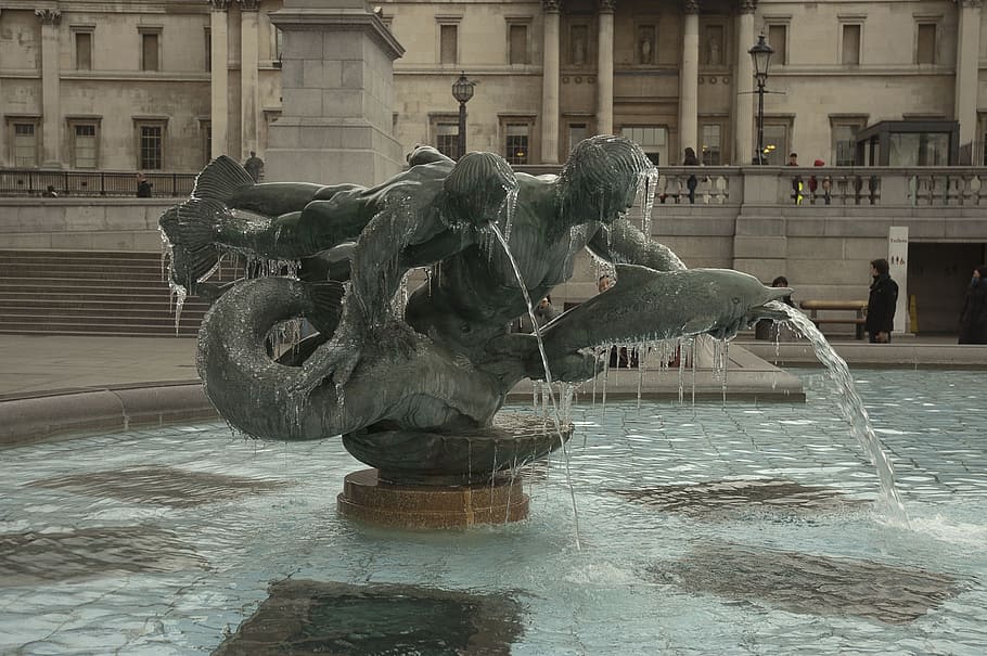 source, trafalgar square, london, dolphins, water, architecture, HD wallpaper