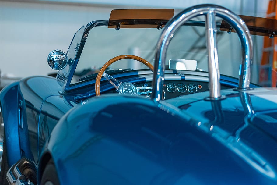 closeup photography of blue coupe at daytime, blue Shelby Cobra HD wallpaper