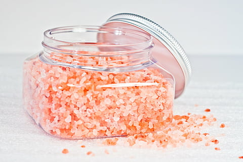 pink stones in glass jar, himalayan, bath, salt, food, container HD wallpaper