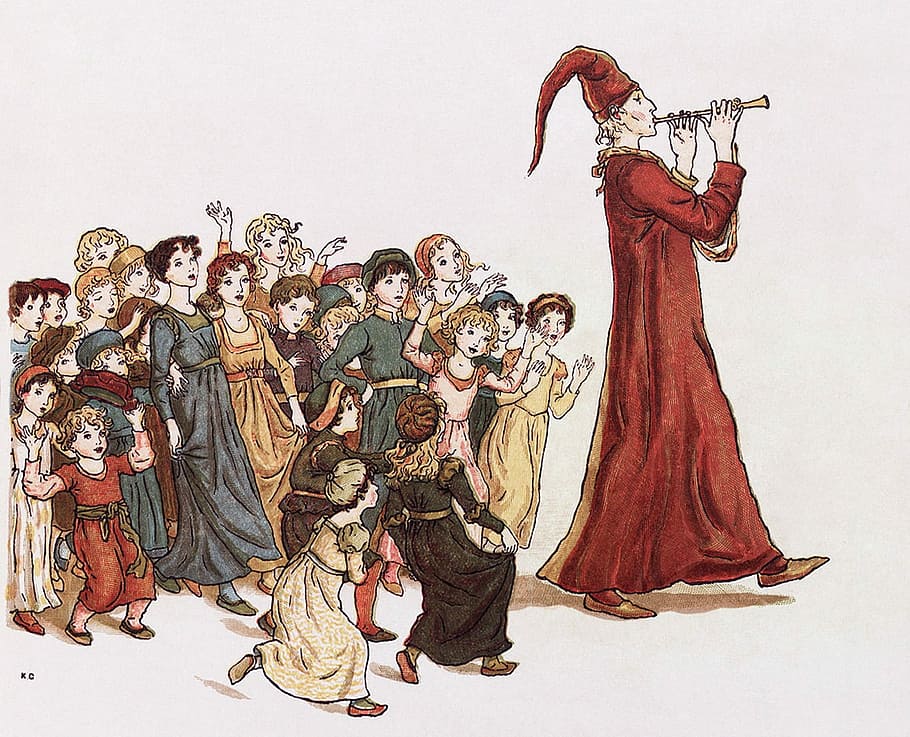 man wearing red dress holding flute painting, group of people