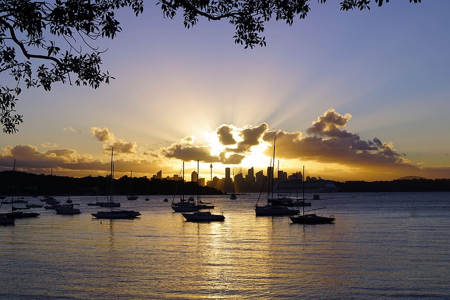 skyline, city, sunset, water, nautical vessel, transportation HD wallpaper