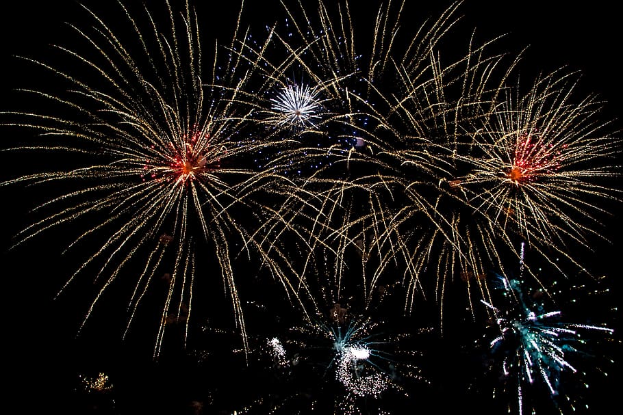 fireworks, flare-up, rocket, explosion, festival, night, illuminated HD wallpaper