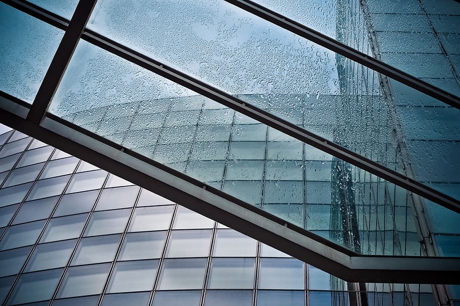 curtain wall building with dew drops, architecture, skyscraper