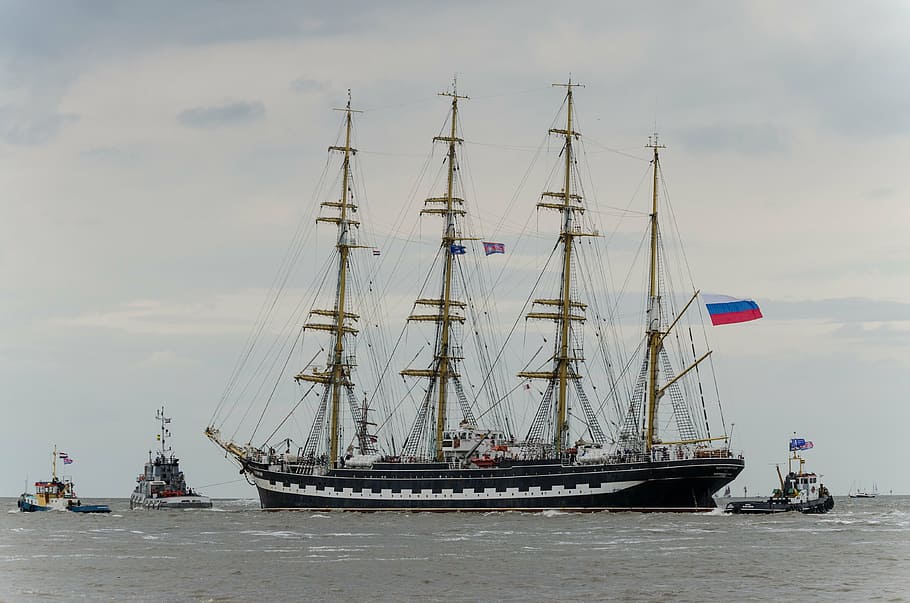 black ship cruising on water, training ship, harlingen, wadden sea, HD wallpaper