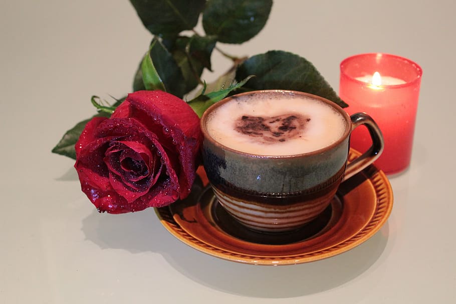 rose, coffee, cup, foam, drink, candle, freshness, food, burning HD wallpaper