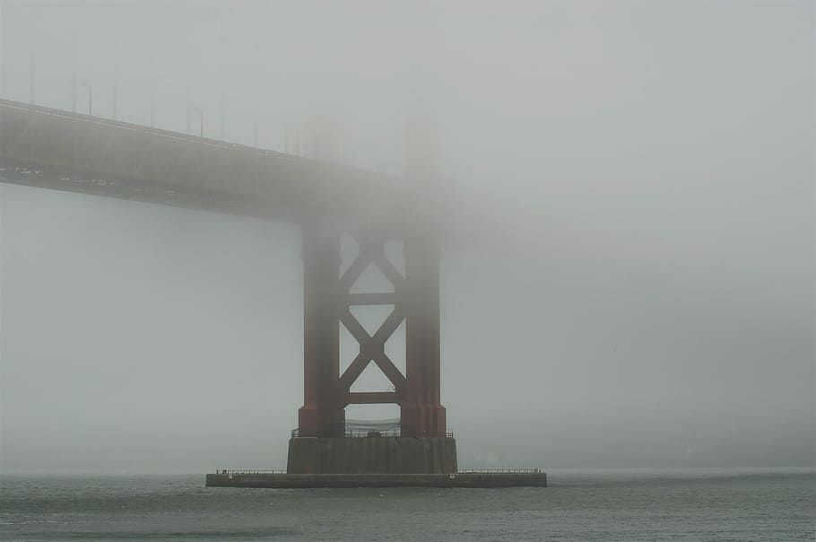photo of suspension bridge covered with fog, grey and black bridge under gloomy sky HD wallpaper