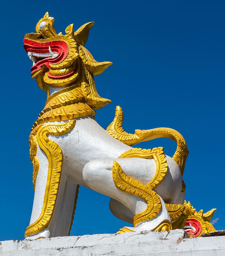 mythical creatures, lion, temple complex, north thailand, representation HD wallpaper