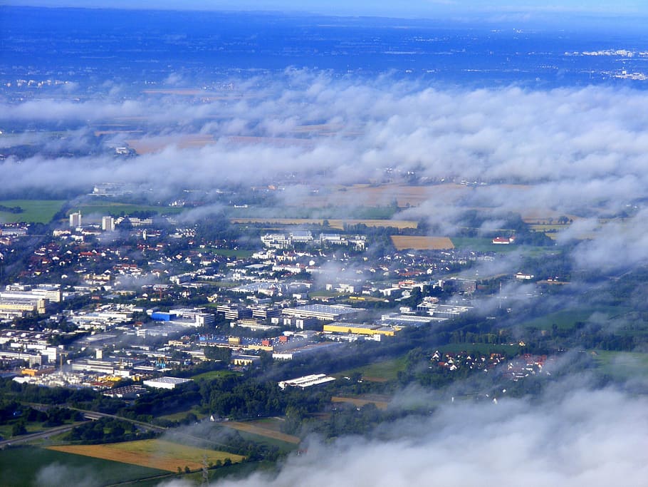 cloud, sky, white, plane, day, the haze, ground, building, building exterior HD wallpaper